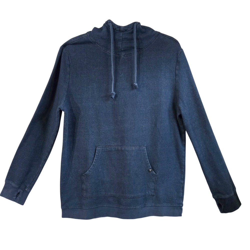 Pact Organic Blue Marled Cotton Blend Funnel Neck Hoodie Thumb Holes Womens LG